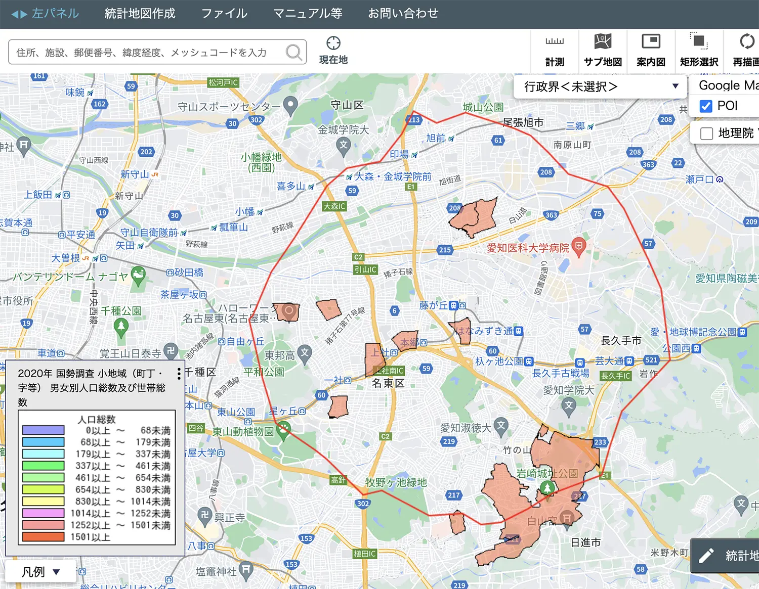 jSTATMAP画面_立地商圏分析_統計グラフ作成_世帯数・人口